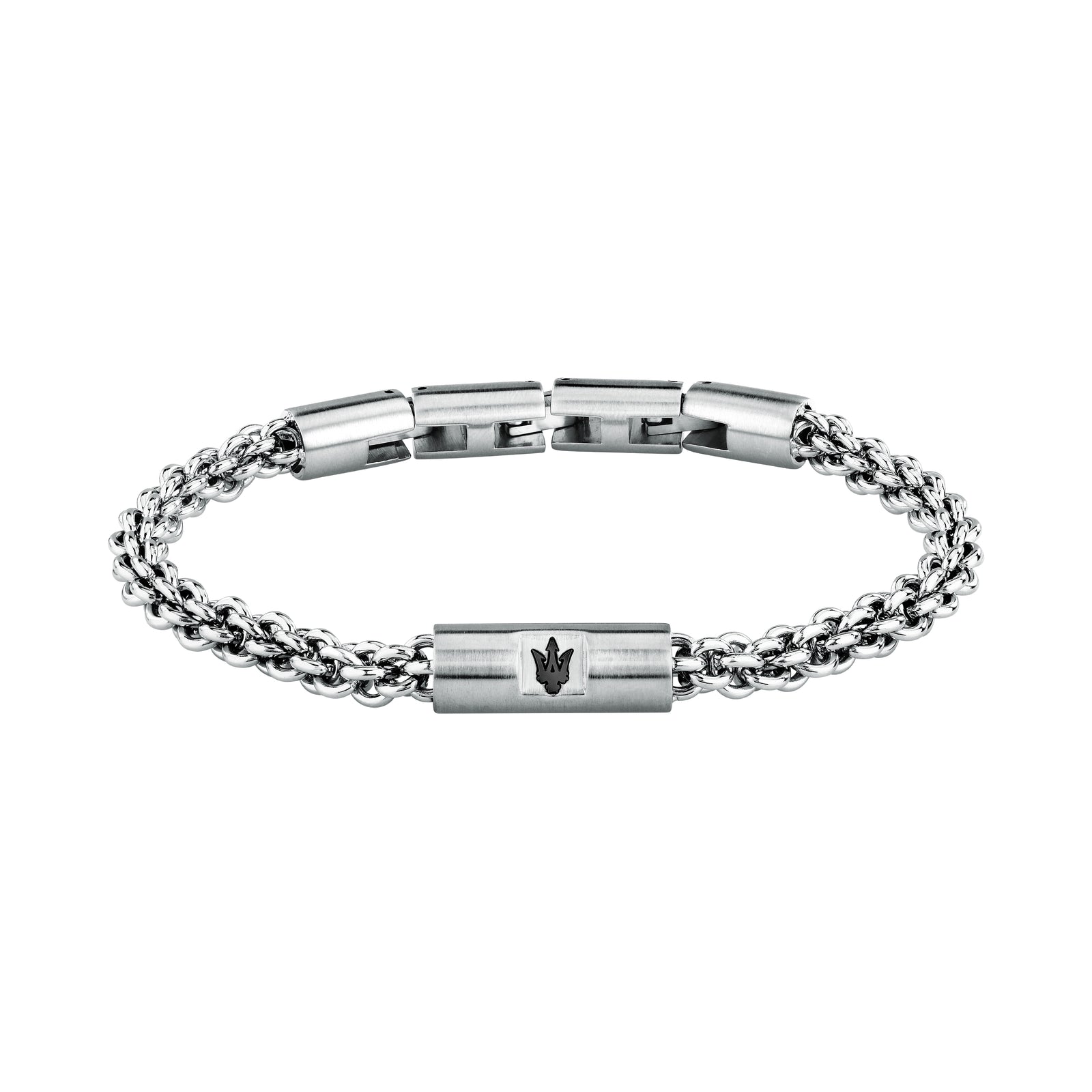 Bracciale Maserati Iconic JM526AVD113, vista frontale in acciaio argento con dettaglio scuro