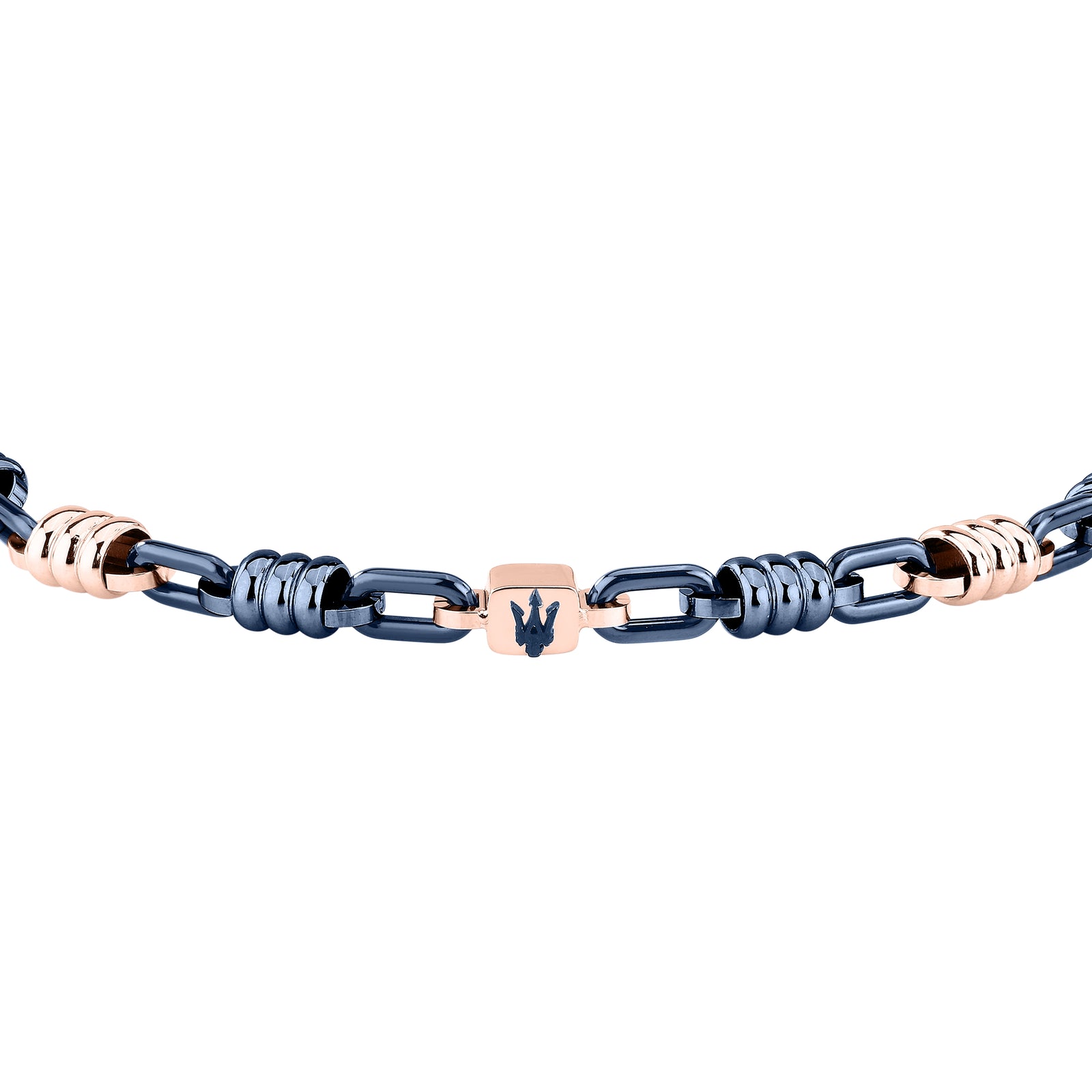 Bracciale Maserati JM426ATZ90: particolare delle maglie blu, finiture rosa e targhetta con Tridente