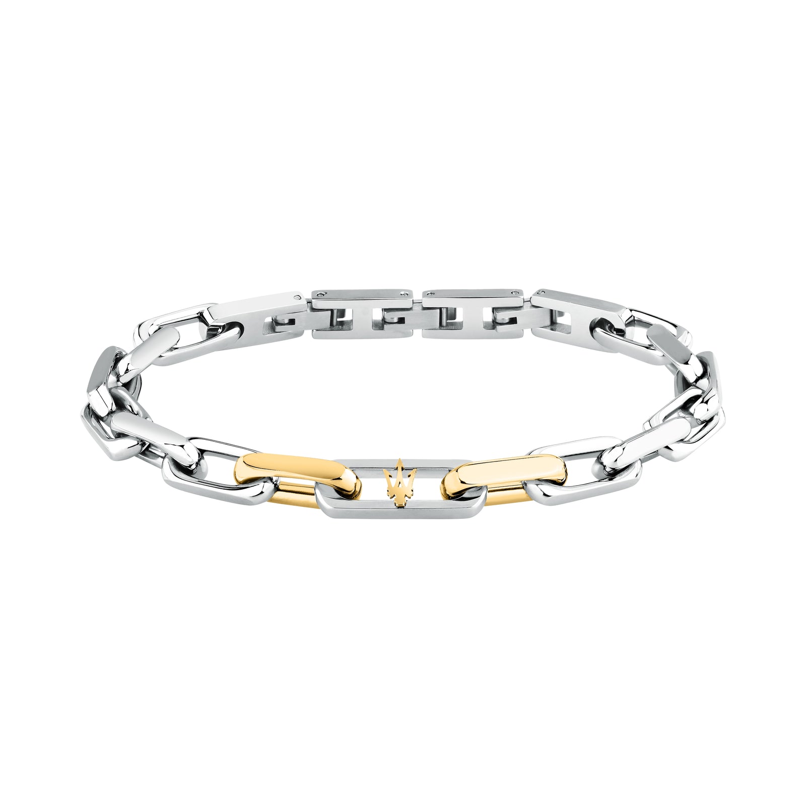 Bracciale Maserati Iconic JM526AVD115, vista frontale in acciaio argento e oro giallo