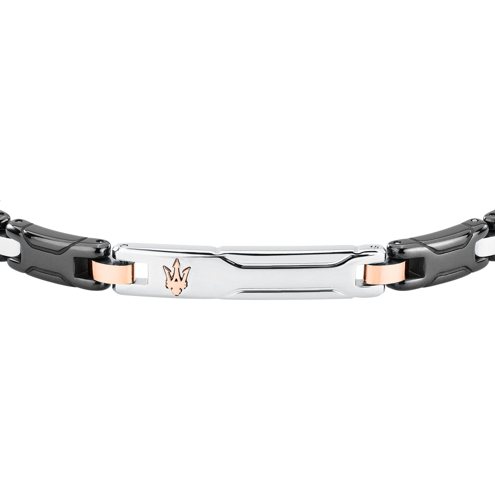 Dettaglio maglie e targhetta centrale del bracciale Maserati Ceramic JM426ATZ93