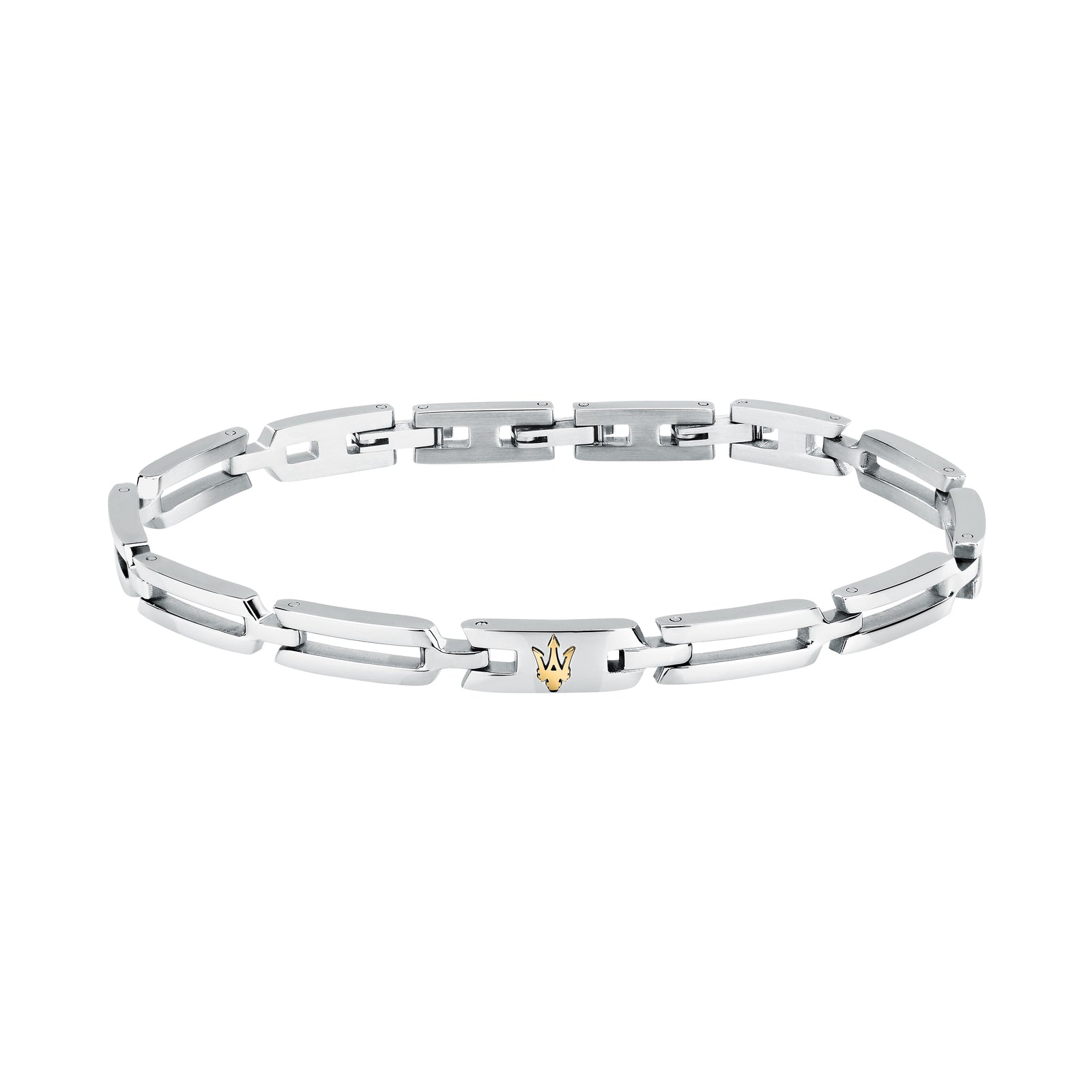 Bracciale Maserati Iconic JM424AVD74, vista completa in acciaio argentato e Tridente dorato