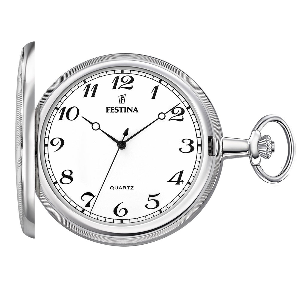 Orologio da tasca Festina F2022/1, quadrante bianco con numeri arabi e coperchio aperto, vista anteriore