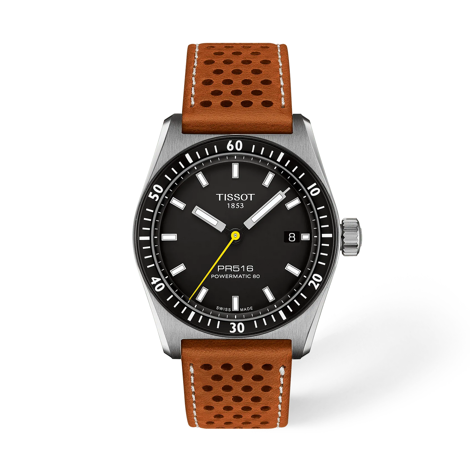 Tissot PR516 Powermatic 80 T1494071605100, quadrante nero e cinturino traforato marrone: vista frontale ufficiale