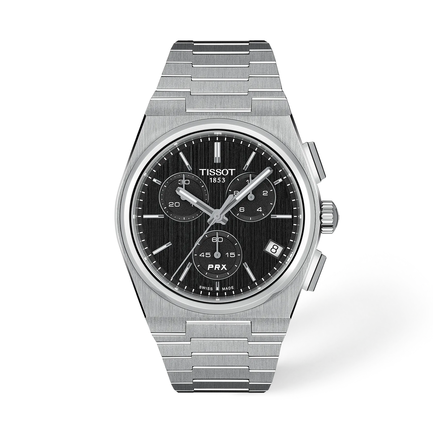 Tissot PRX Chronograph T137.417.11.051.00, quadrante nero, vista frontale