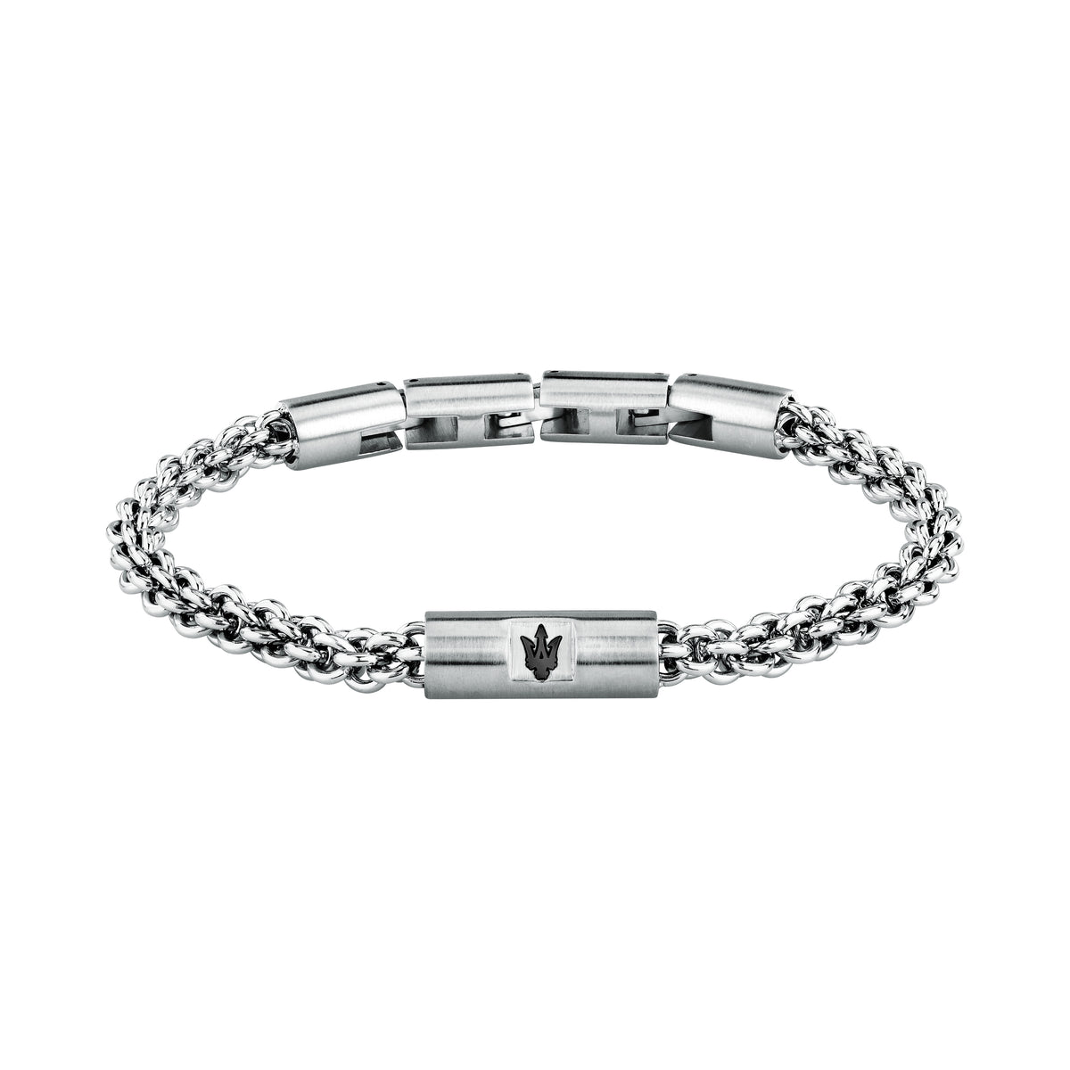 Bracciale Maserati Iconic JM526AVD113, vista frontale in acciaio argento con dettaglio scuro