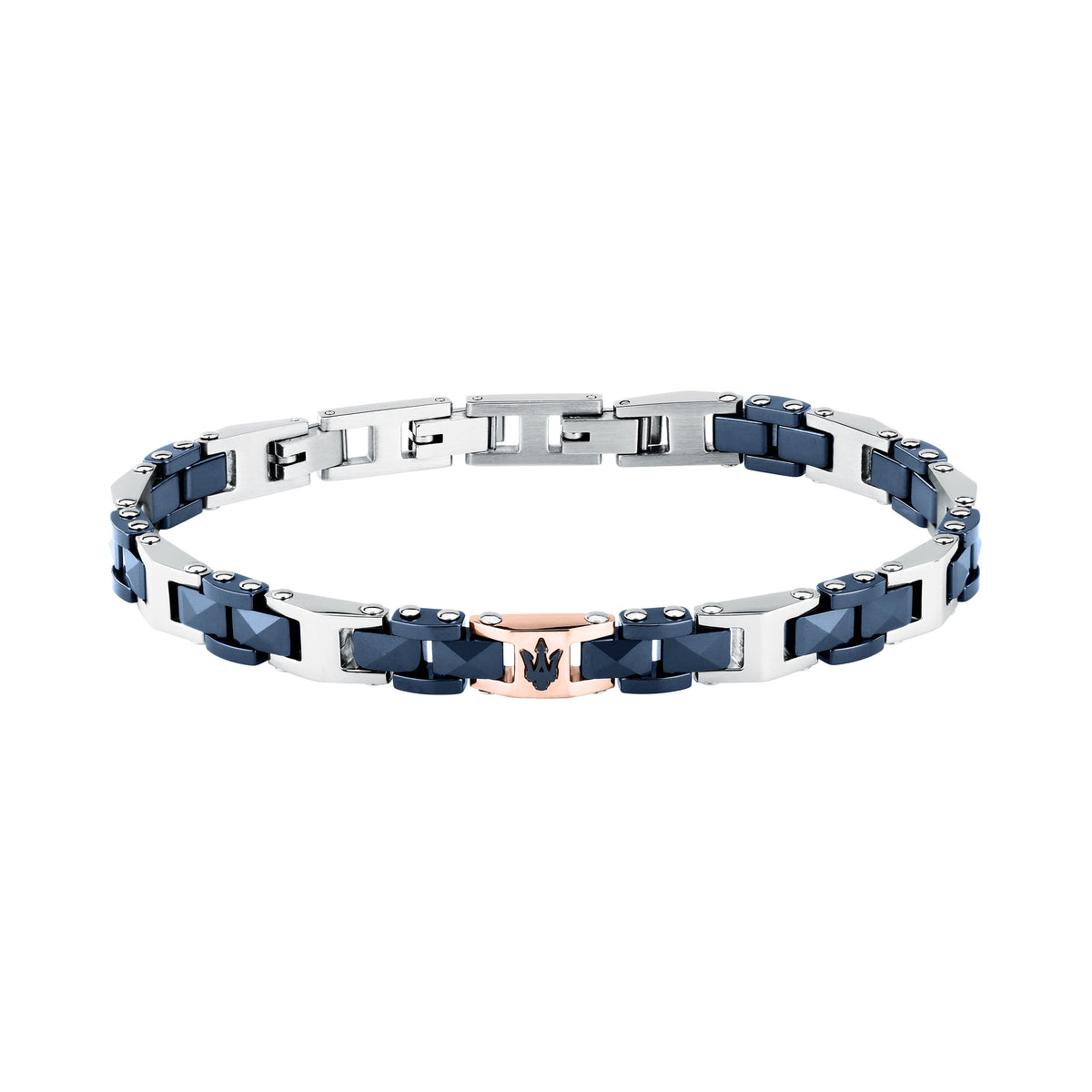 Bracciale Maserati Ceramic JM426ATZ97, vista completa blu con elementi e Tridente oro rosa