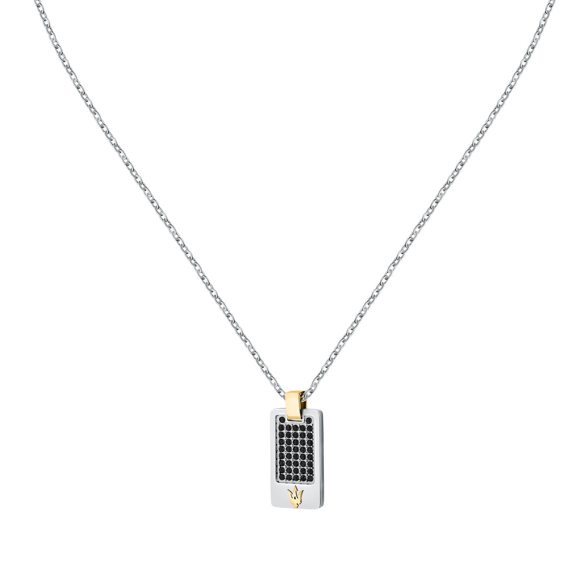 Collana Maserati Iconic JM334AVD49, vista frontale con pendente argento e dettagli dorati