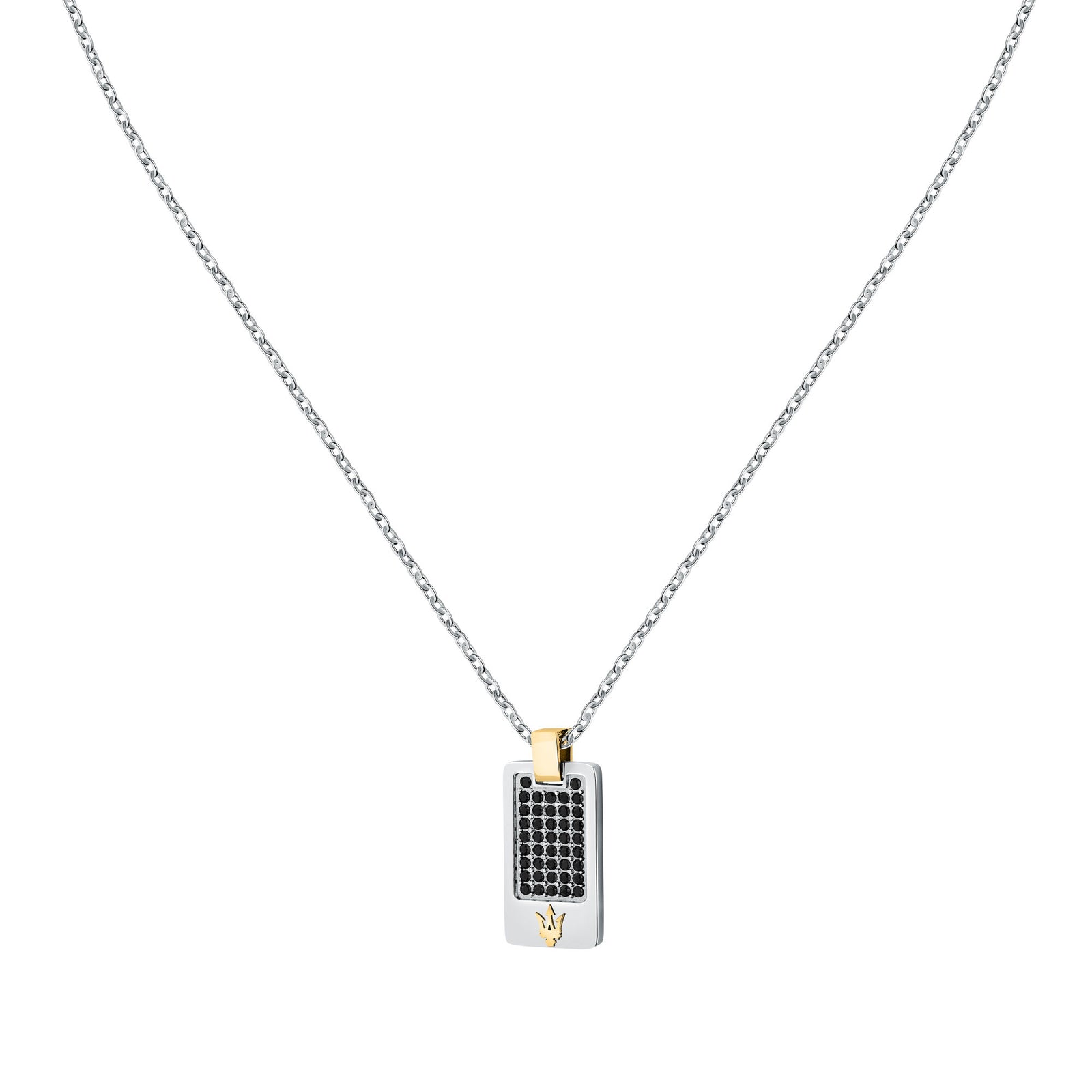 Collana Maserati Iconic JM334AVD49, vista frontale con pendente argento e dettagli dorati