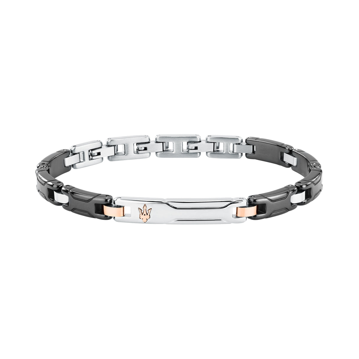Bracciale Maserati Ceramic JM426ATZ93, vista frontale nero e argento con dettagli oro rosa