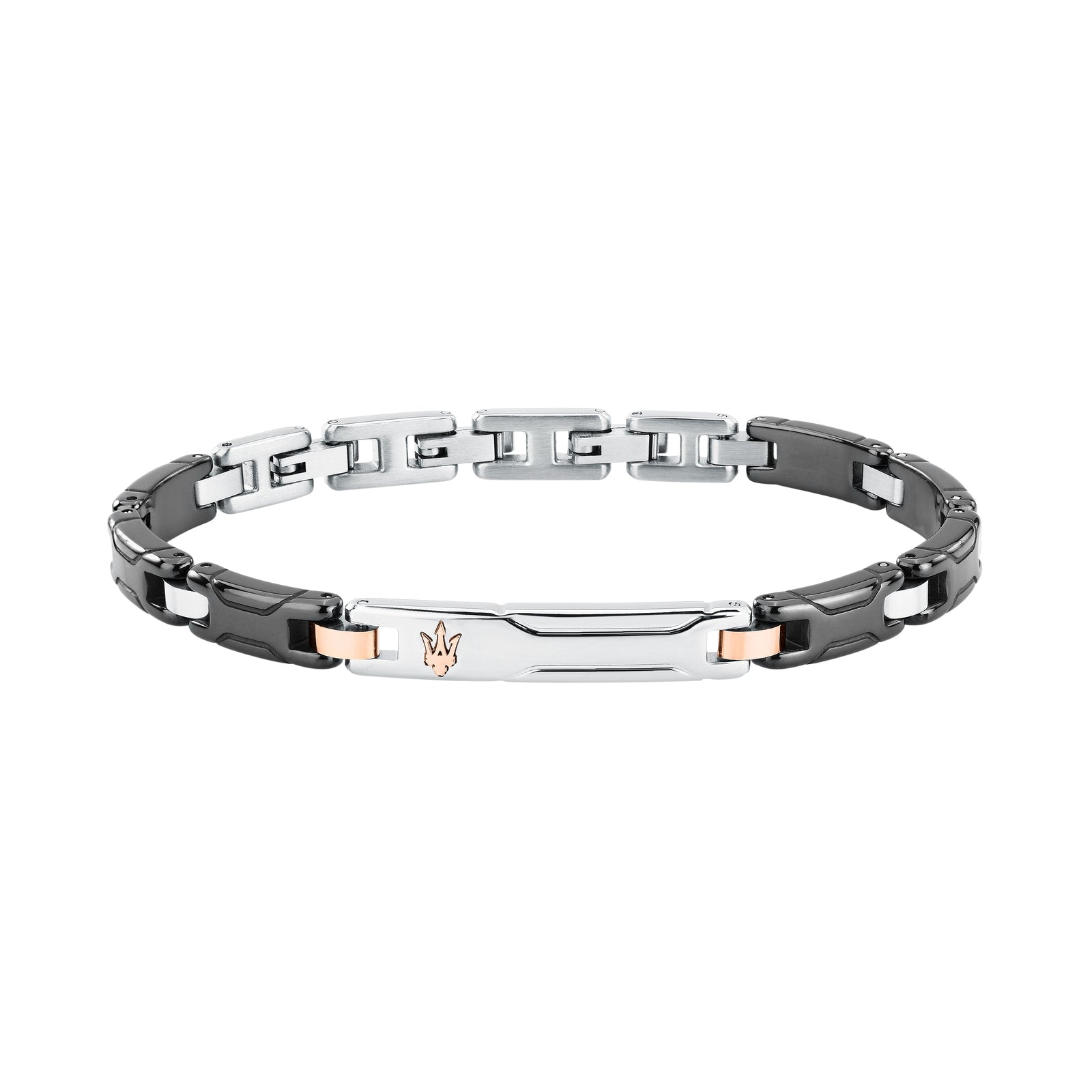 Bracciale Maserati Ceramic JM426ATZ93, vista frontale nero e argento con dettagli oro rosa