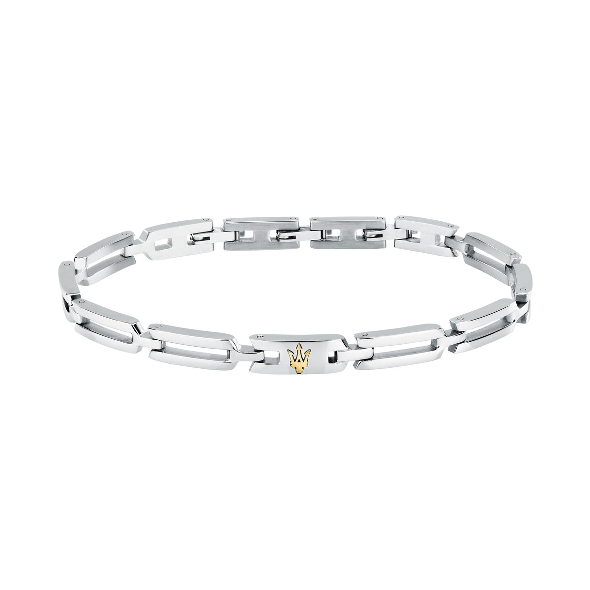 Bracciale Maserati Iconic JM424AVD74, vista completa in acciaio argentato e Tridente dorato