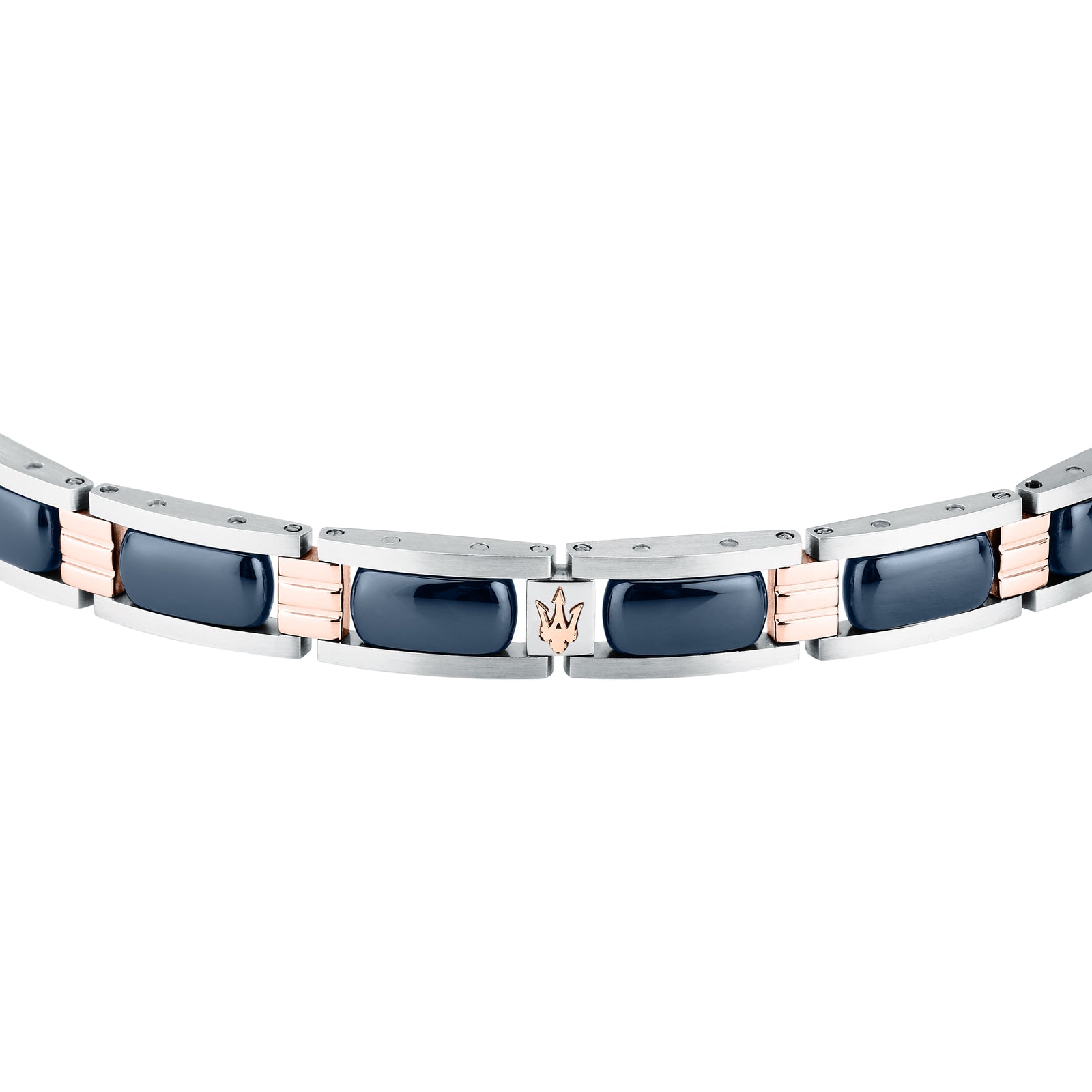 Bracciale Maserati JM426ATZ101, particolare frontale degli inserti blu e della targhetta con Tridente