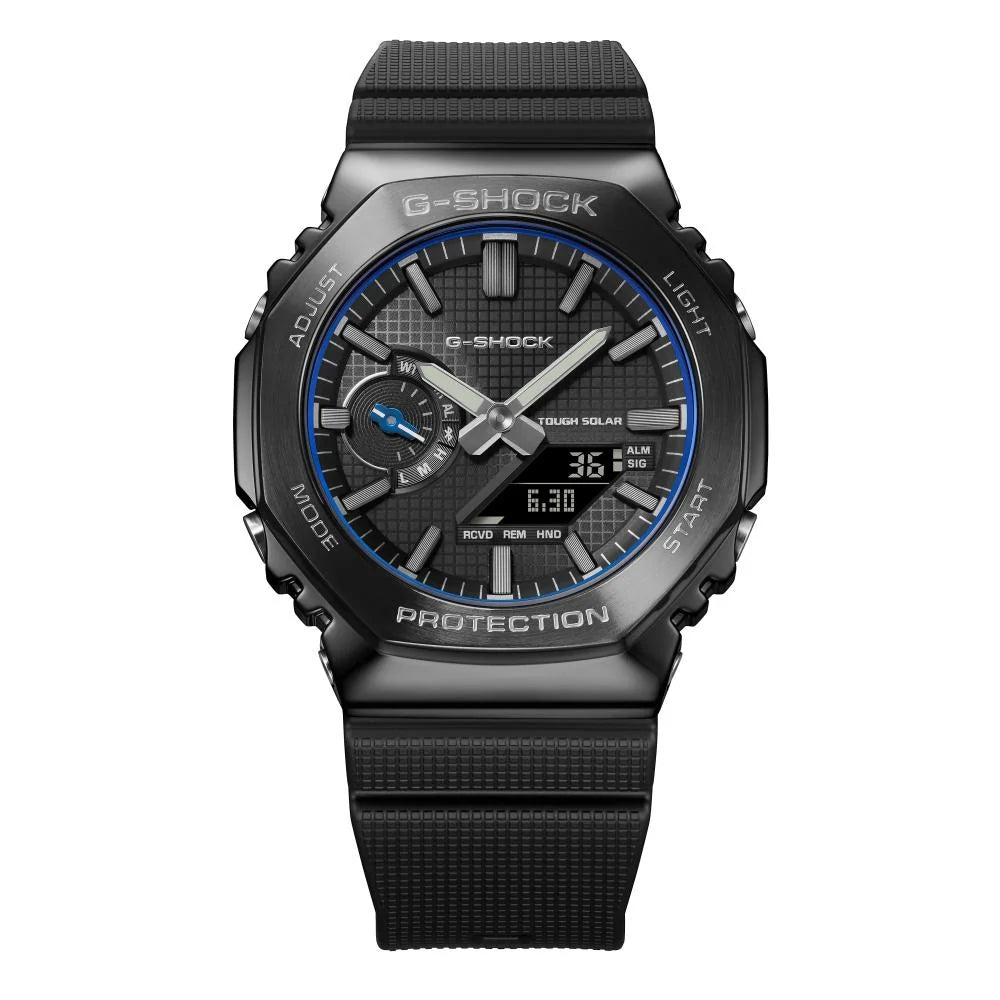 G-SHOCK GBM-2100LXB-1A2ER Luxe Black, vista frontale quadrante nero con dettagli blu
