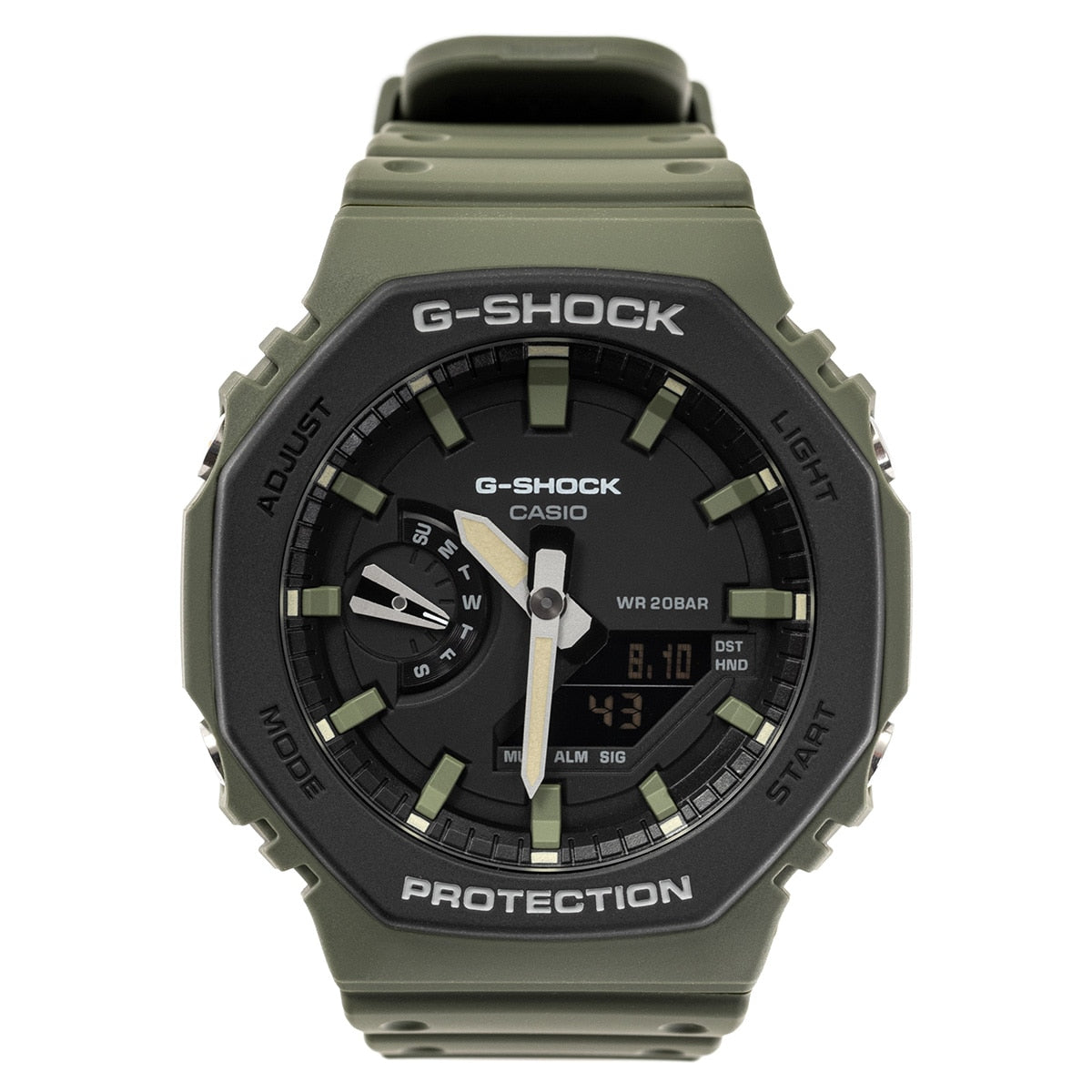 Casio G-SHOCK GA-2110SU-3AER, orologio verde oliva con lunetta nera ottagonale, vista frontale