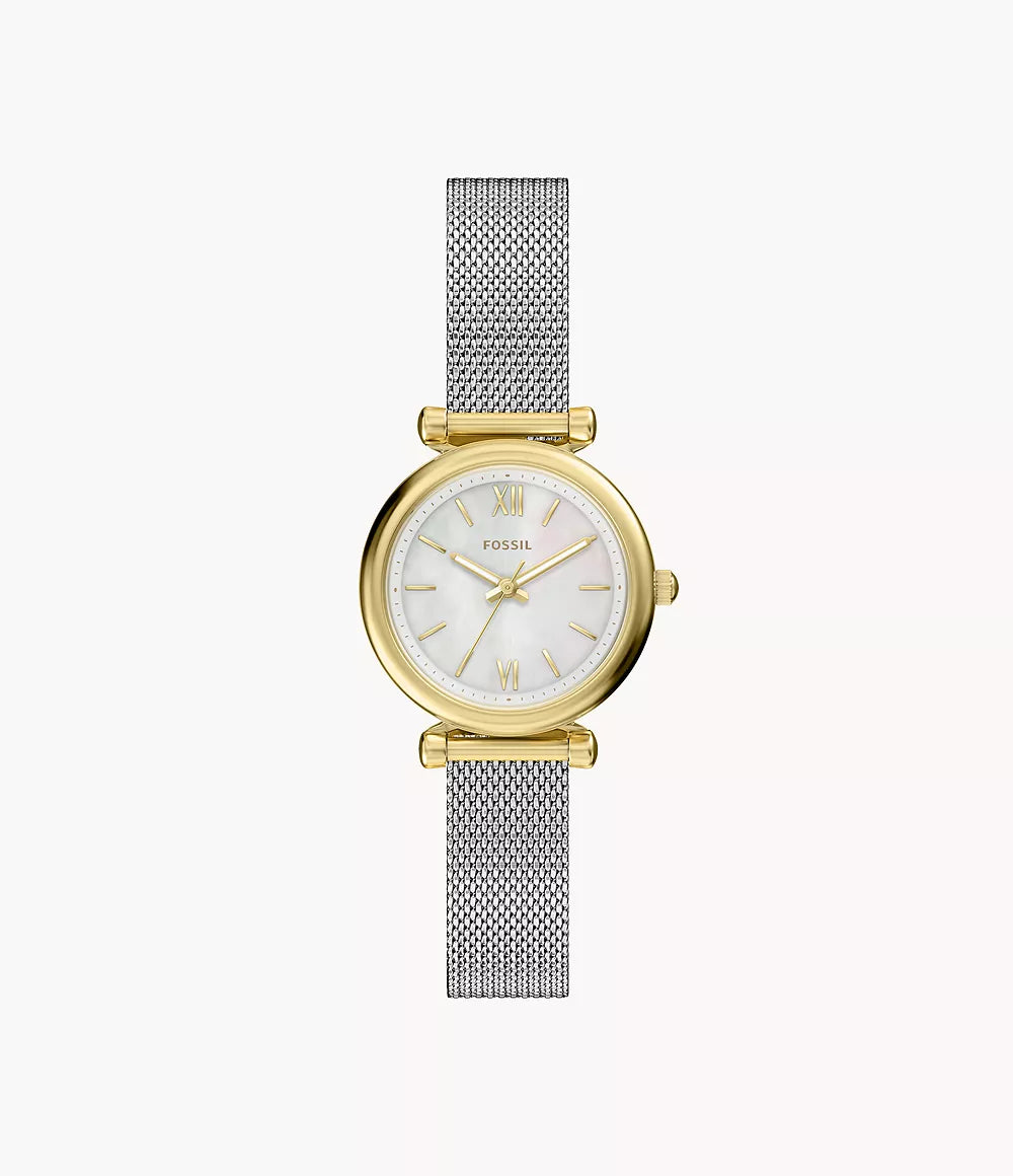 Fossil Carlie Mini ES5463 vista principale cassa oro quadrante madreperla bracciale acciaio