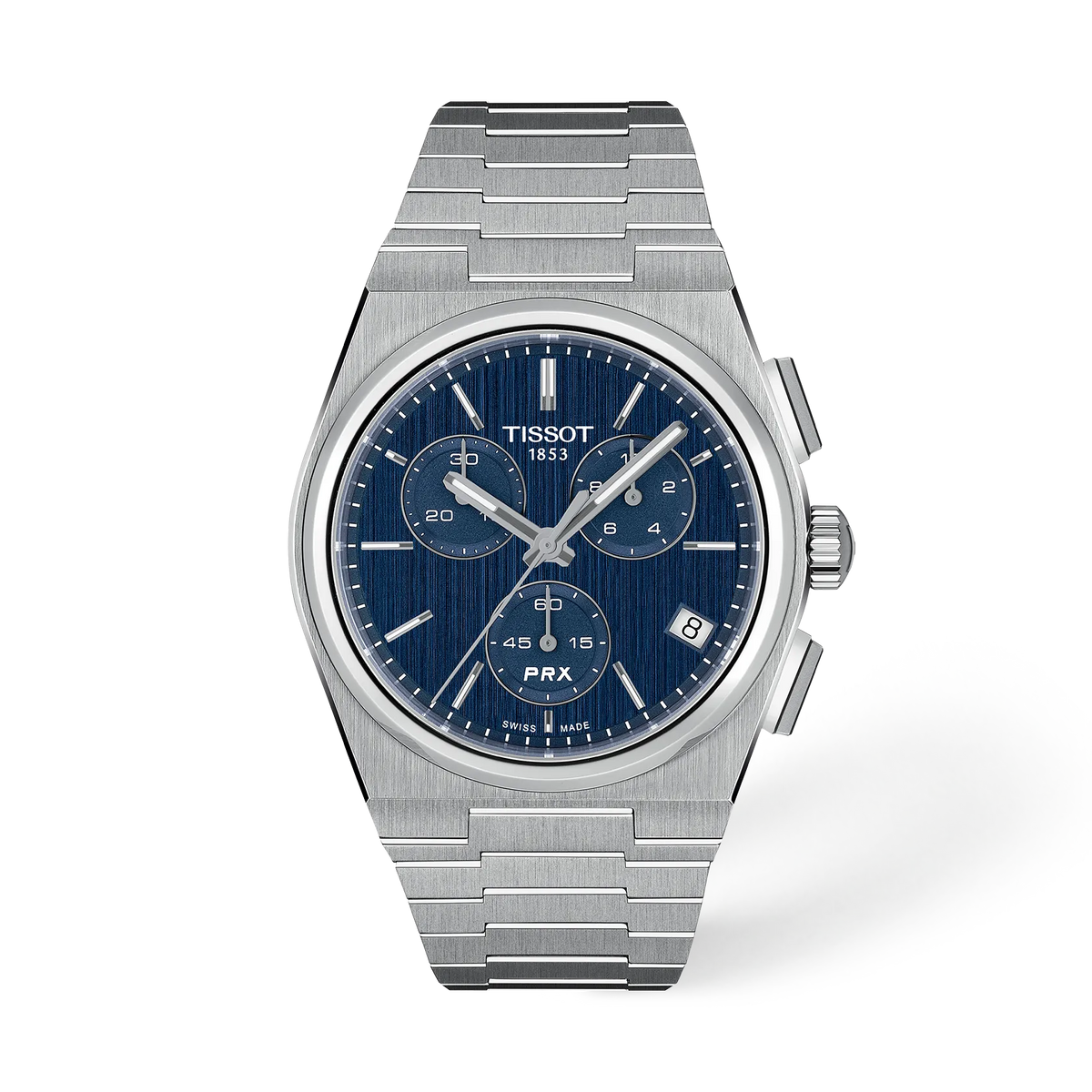 Tissot PRX T1374171104100 cronografo, vista frontale e quadrante blu