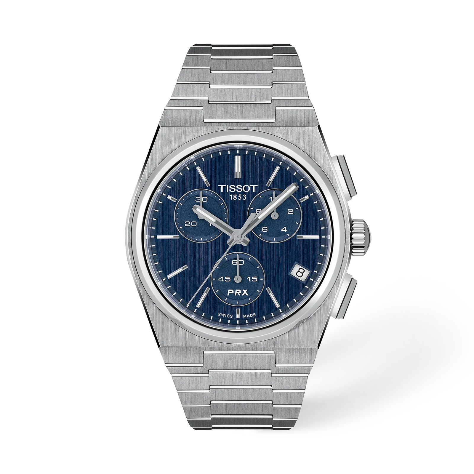 Tissot PRX T1374171104100 cronografo, vista frontale e quadrante blu
