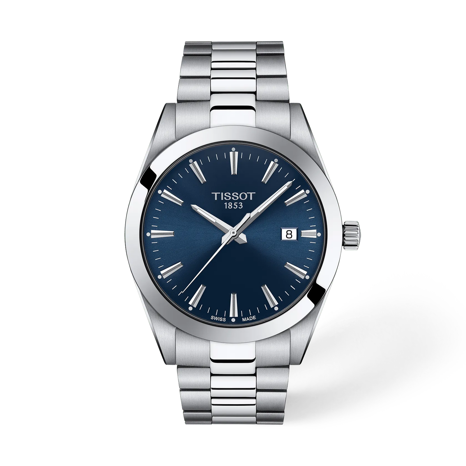 Tissot Gentleman T127.410.11.041.00 quarzo, fotografia frontale ufficiale, quadrante blu e bracciale acciaio