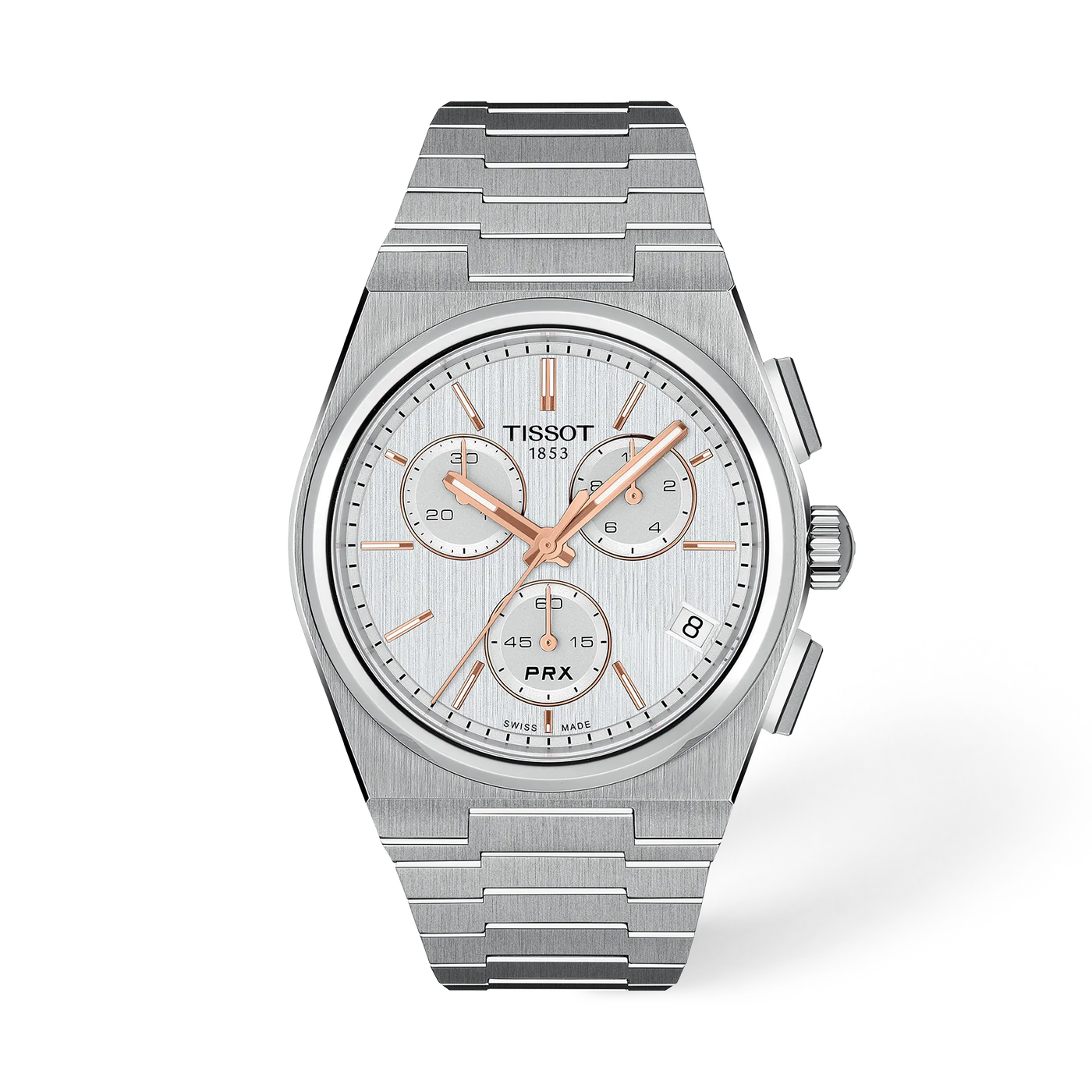 Tissot PRX Chronograph T137.417.11.031.00, quadrante argento, vista frontale