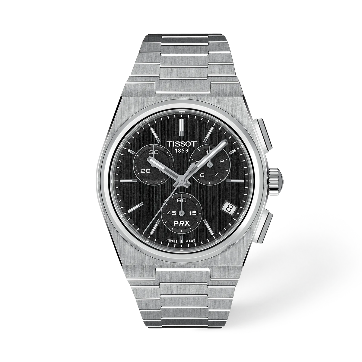 Tissot PRX Chronograph T137.417.11.051.00, quadrante nero, vista frontale