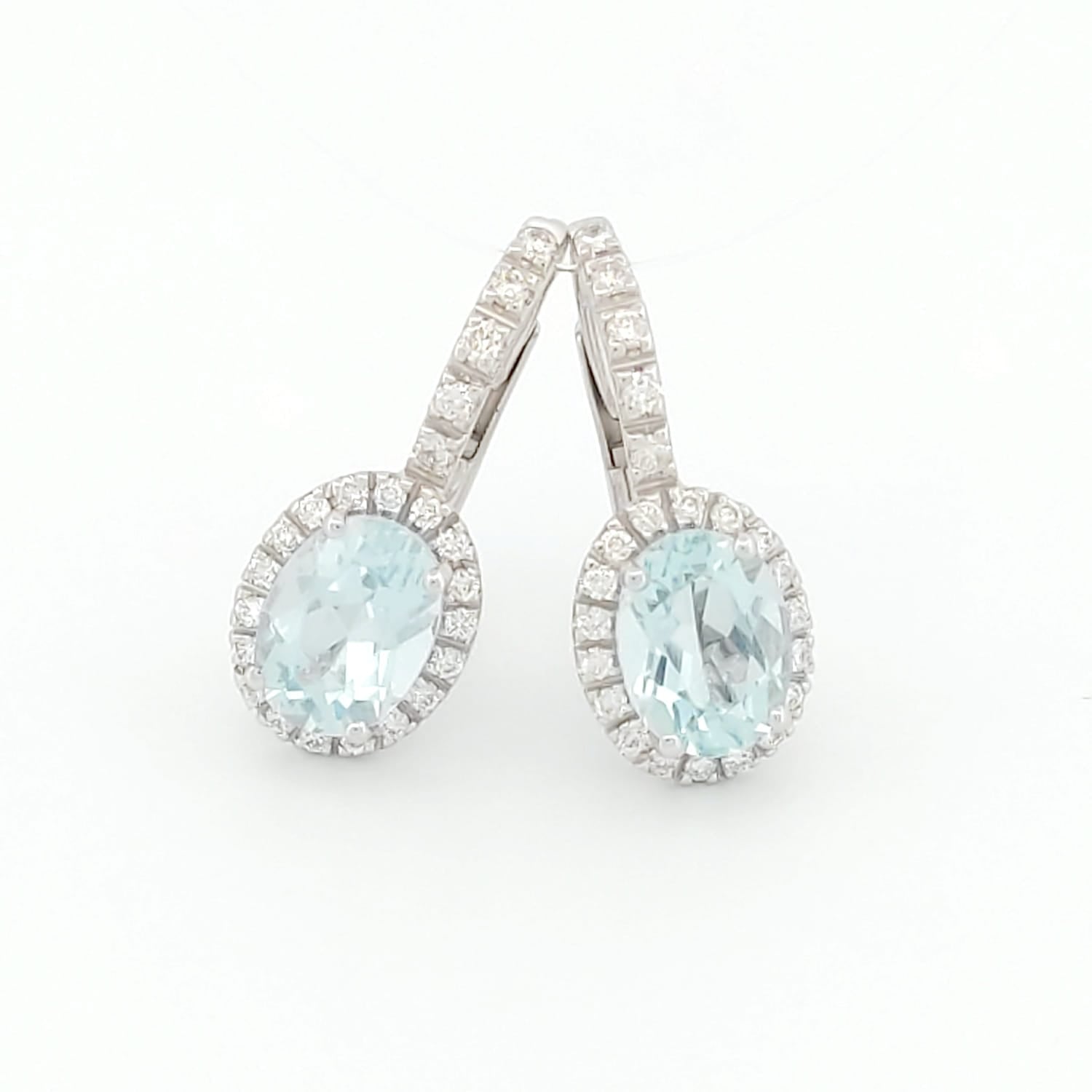 Orecchini oro bianco 18kt Diamanti 0,38 Ct Acquamarina 8x6-2b Gioielli